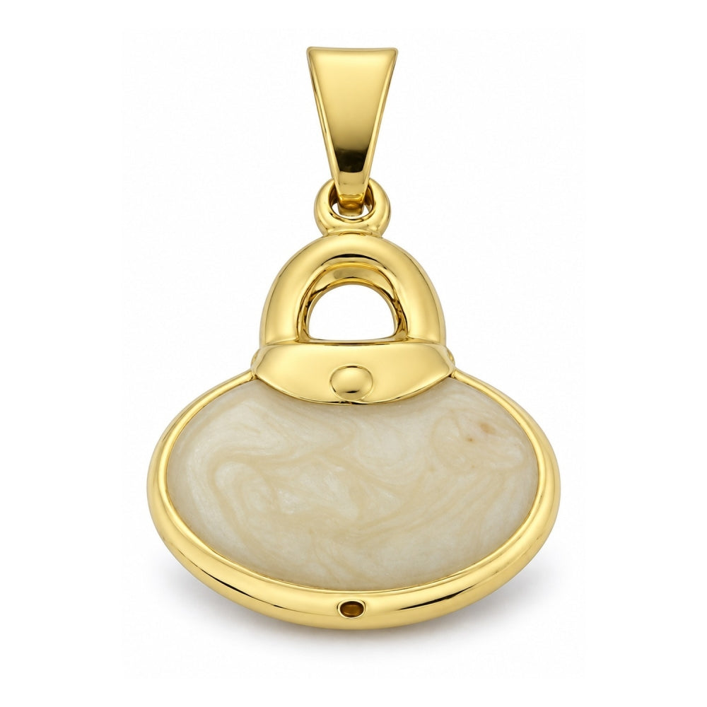 Oro Laminado Fancy Pendant, Gold Filled Style Purse Design, White Enamel Finish, Golden Finish