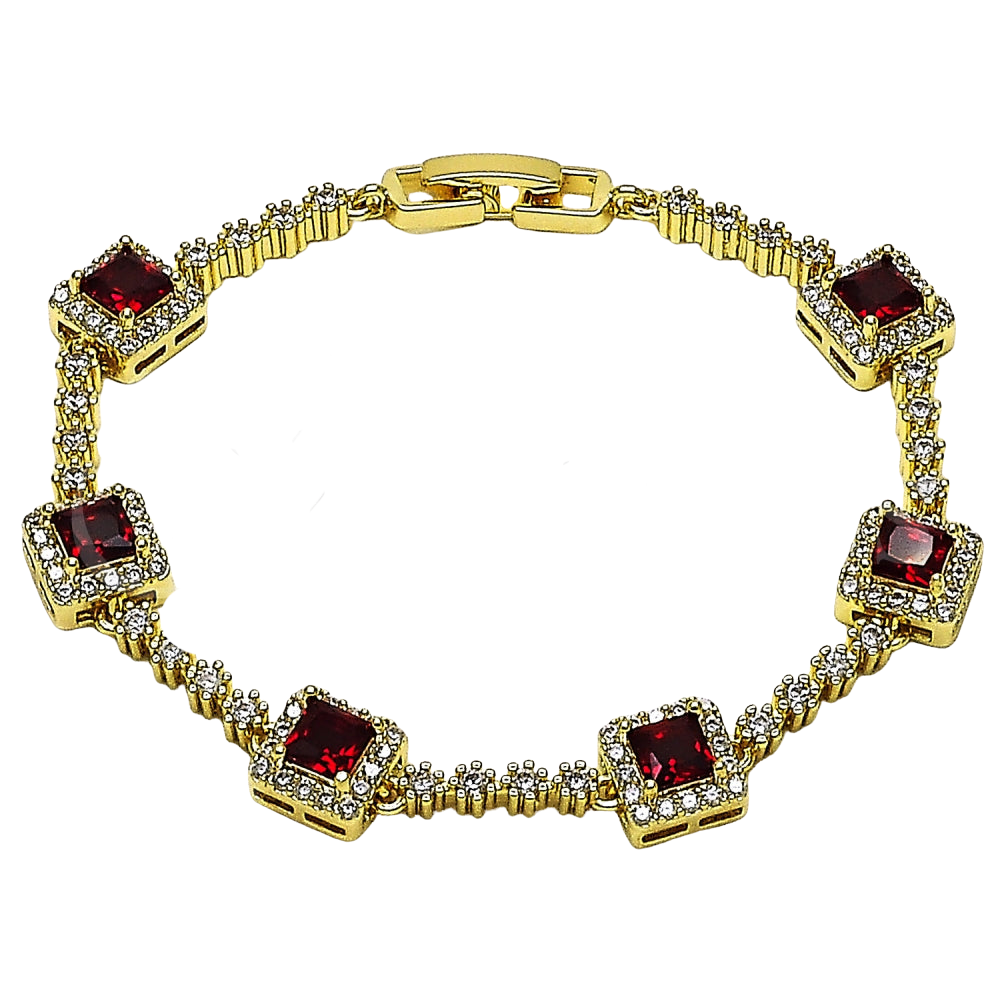 Oro Laminado Tennis Bracelet, Gold Filled Style Cluster Design, with Garnet and White Cubic Zirconia, Polished, Golden Finish