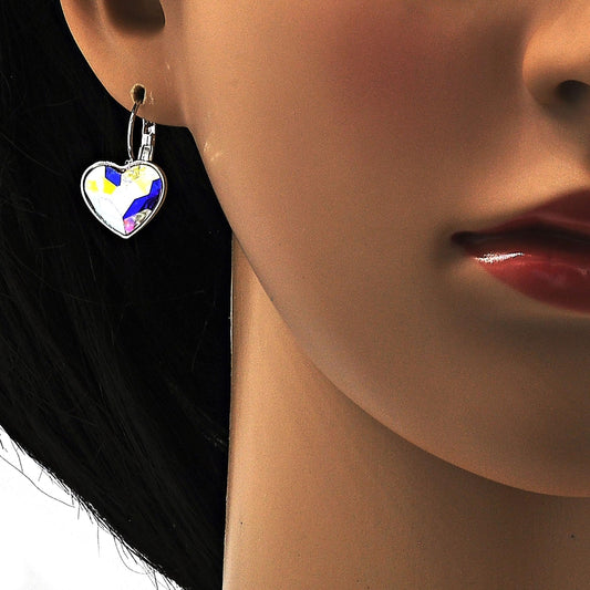 Rhodium Gold Filled Leverback Earring, Heart Design, with Aurore Boreale Swarovski Crystals, Polished, Rhodium Finish