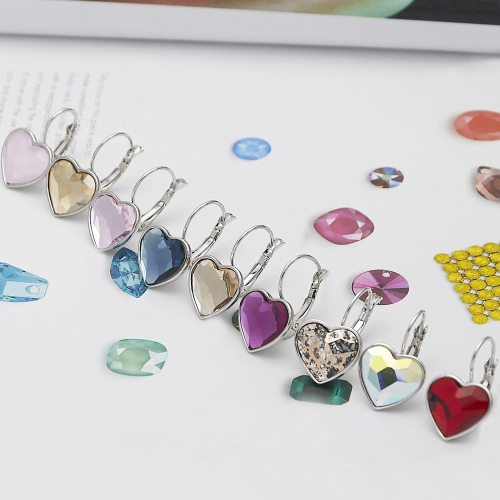Rhodium Gold Filled Leverback Earring, Heart Design, with Aurore Boreale Swarovski Crystals, Polished, Rhodium Finish