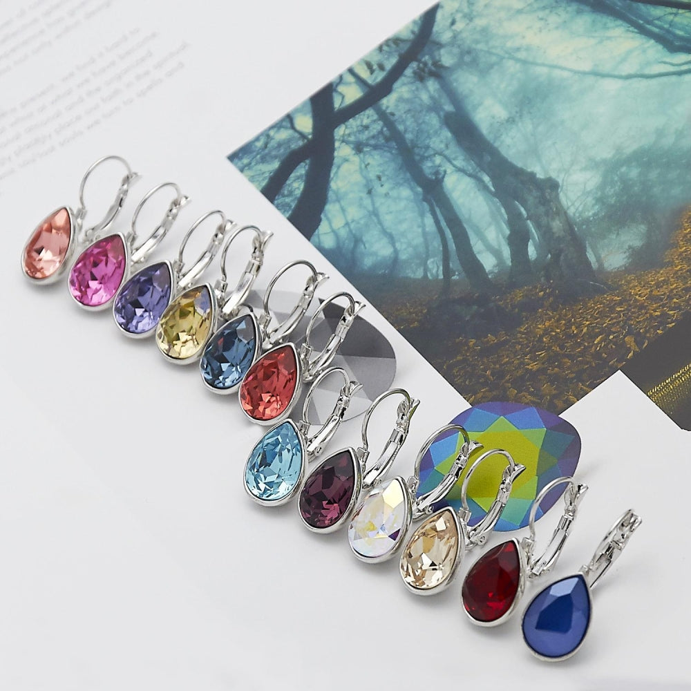 Rhodium Gold Filled Leverback Earring, Teardrop Design, with Padparadscha Swarovski Crystals, Polished, Rhodium Finish
