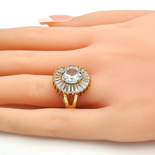 Oro Laminado Multi Stone Ring, Gold Filled Style Flower and Baguette Design, with White Cubic Zirconia, Polished, Golden Finish