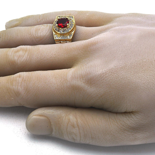 Oro Laminado Mens Ring, Gold Filled Style with Garnet and White Cubic Zirconia, Polished, Golden Finish