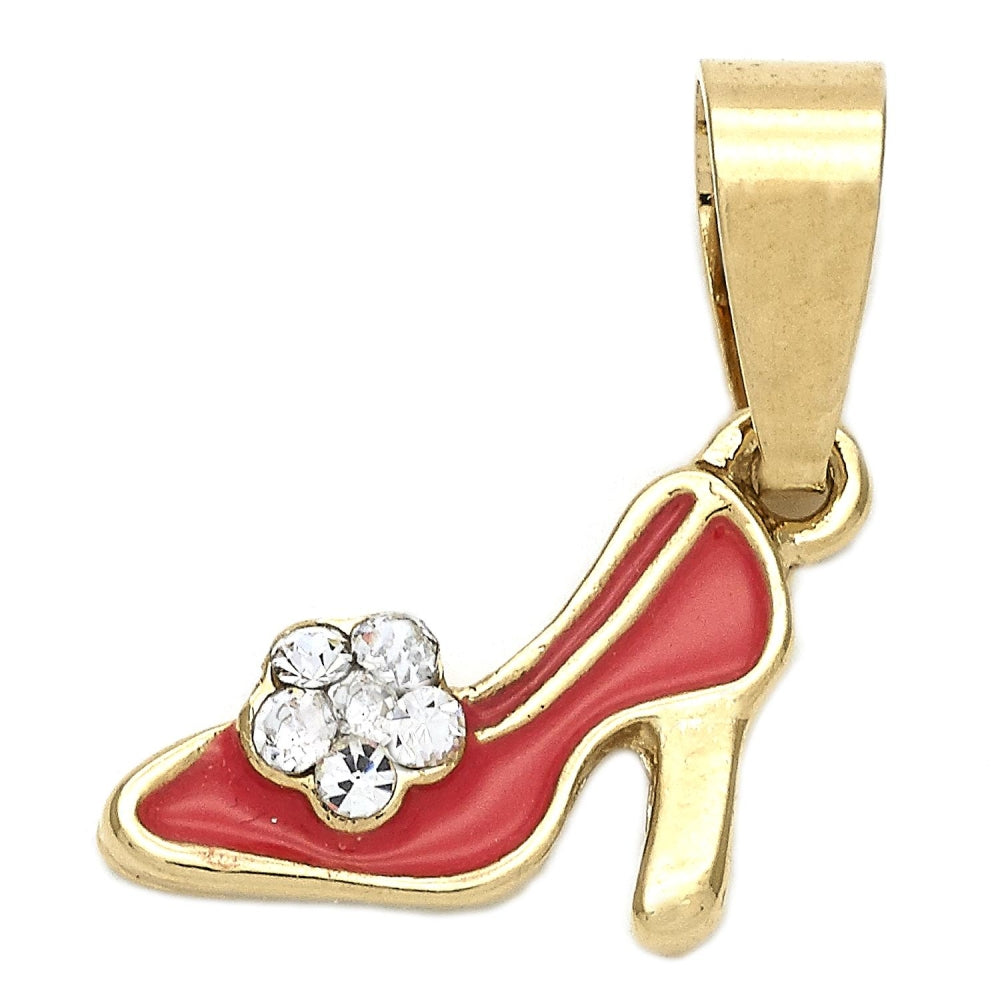 Oro Laminado Fancy Pendant, Gold Filled Style Shoes Design, with White Crystal, Orange Enamel Finish, Golden Finish