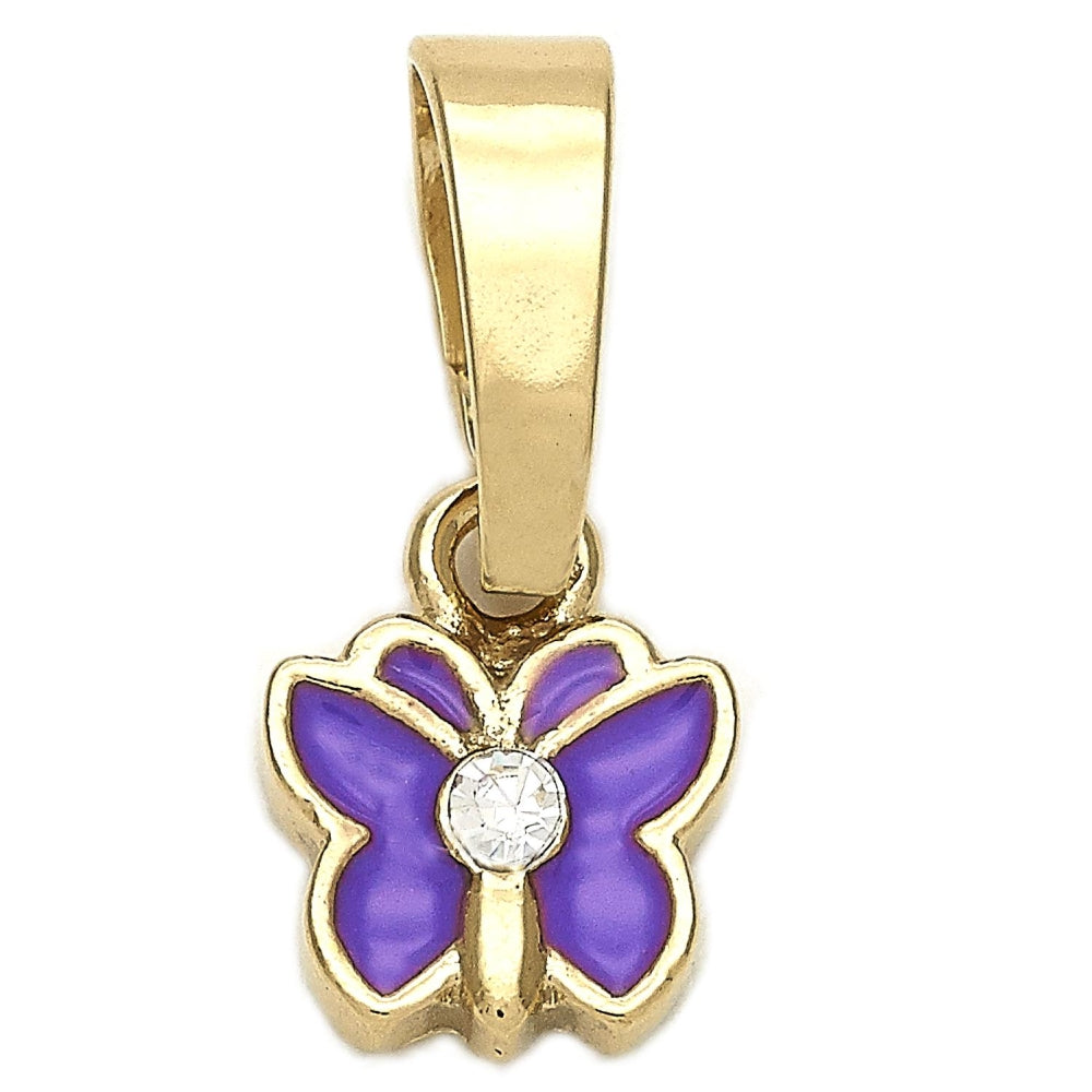 Oro Laminado Fancy Pendant, Gold Filled Style Butterfly Design, with White Crystal, Purple Enamel Finish, Golden Finish