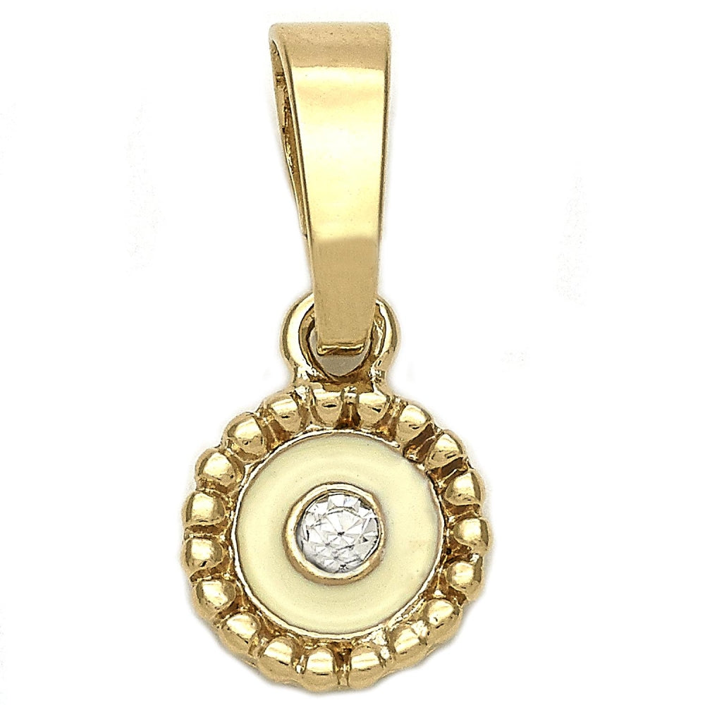 Oro Laminado Fancy Pendant, Gold Filled Style Flower Design, with White Crystal, White Enamel Finish, Golden Finish