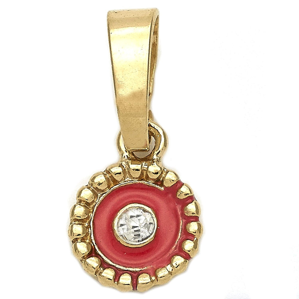 Oro Laminado Fancy Pendant, Gold Filled Style Flower Design, with White Crystal, Dark Pink Enamel Finish, Golden Finish