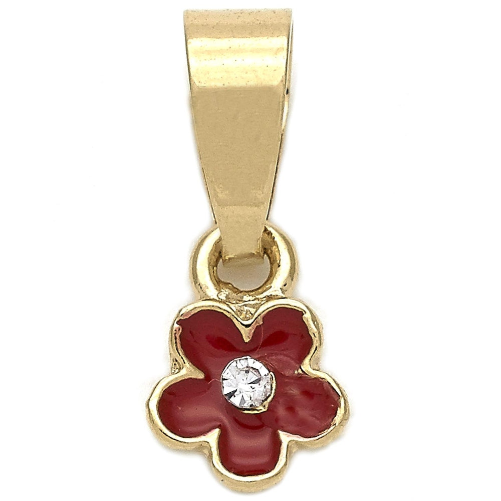 Oro Laminado Fancy Pendant, Gold Filled Style Flower Design, with White Crystal, Red Enamel Finish, Golden Finish