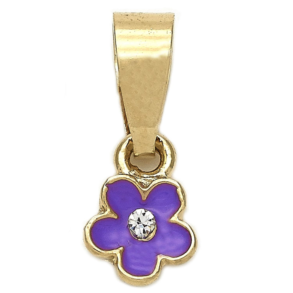 Oro Laminado Fancy Pendant, Gold Filled Style Flower Design, with White Crystal, Purple Enamel Finish, Golden Finish