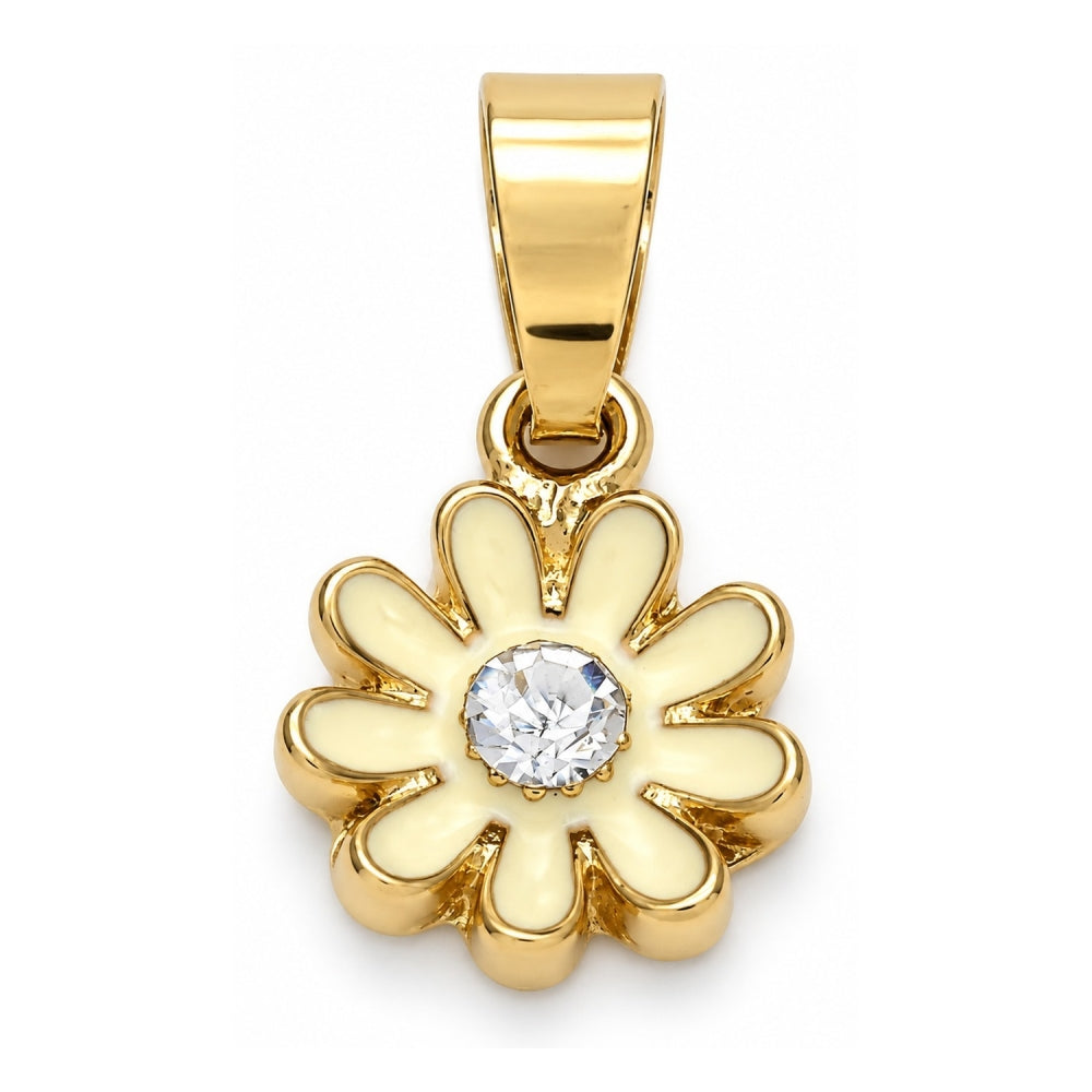 Oro Laminado Fancy Pendant, Gold Filled Style Flower Design, with White Crystal, White Enamel Finish, Golden Finish
