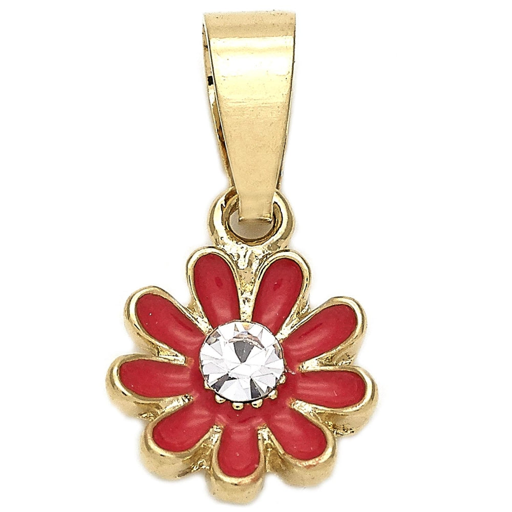 Oro Laminado Fancy Pendant, Gold Filled Style Flower Design, with White Crystal, Dark Pink Enamel Finish, Golden Finish