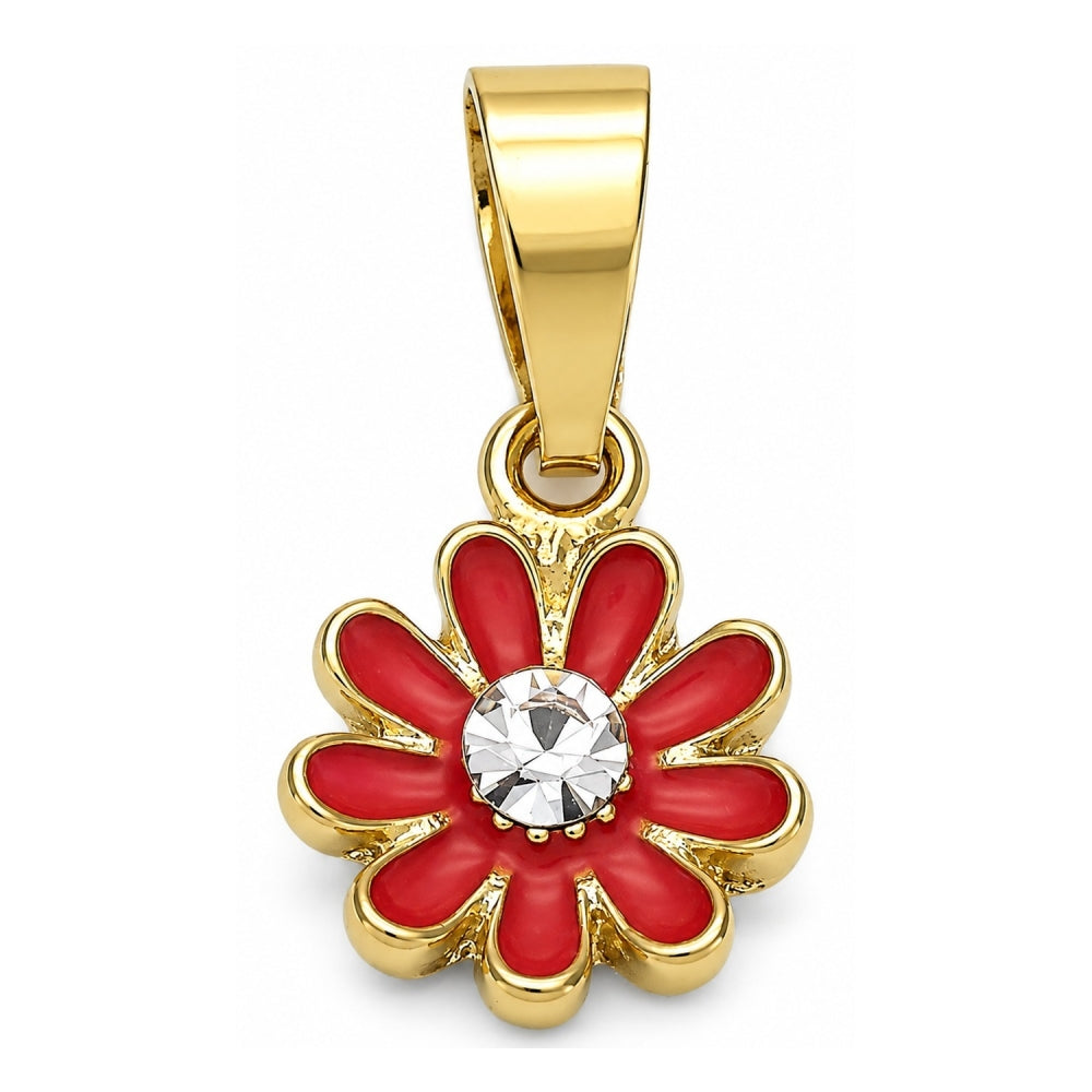 Oro Laminado Fancy Pendant, Gold Filled Style Flower Design, with White Crystal, Dark Pink Enamel Finish, Golden Finish