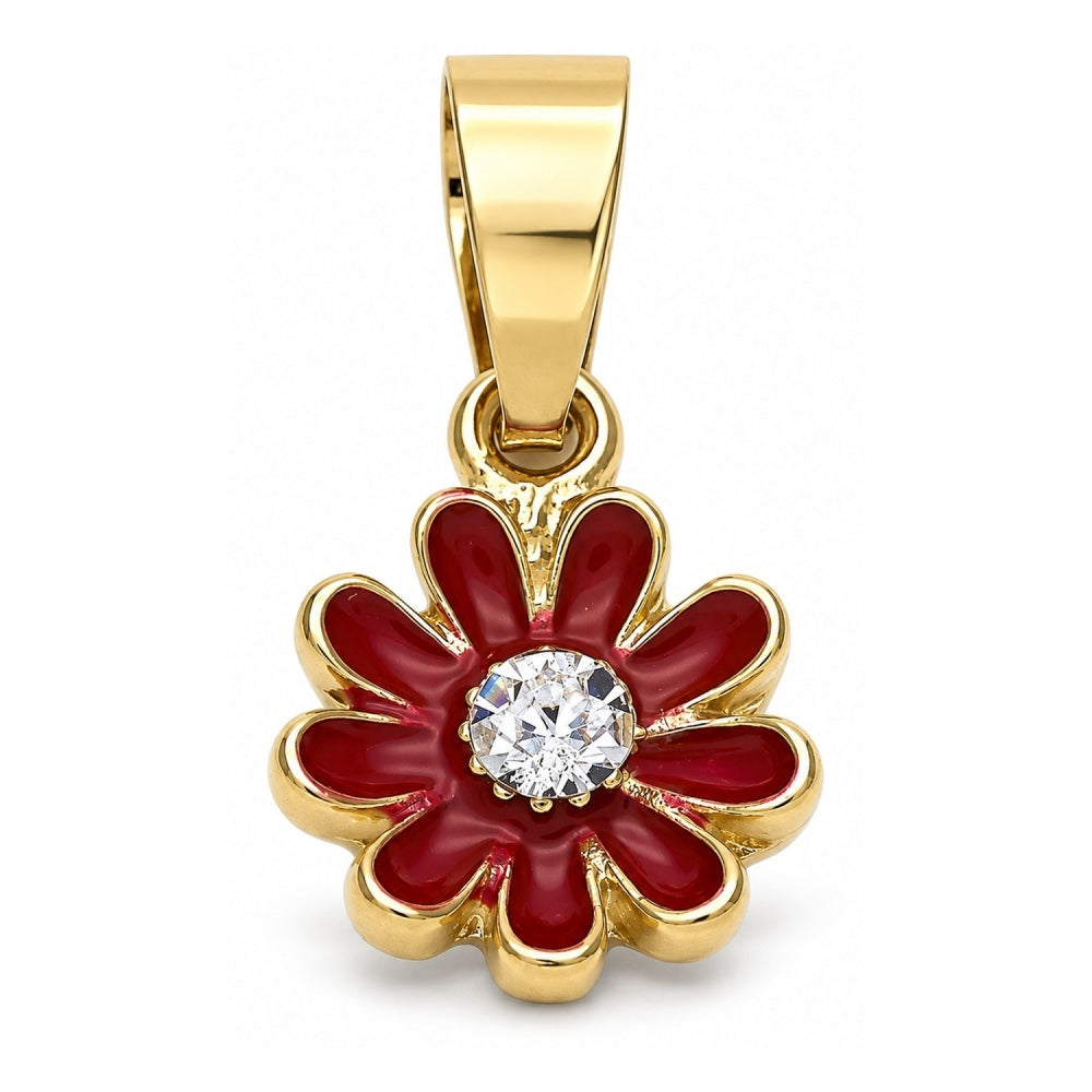Oro Laminado Fancy Pendant, Gold Filled Style Flower Design, with White Crystal, Red Enamel Finish, Golden Finish