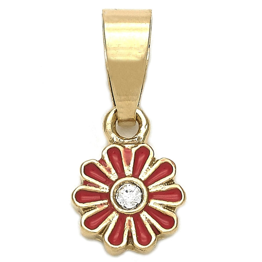 Oro Laminado Fancy Pendant, Gold Filled Style Flower Design, with White Crystal, Dark Pink Enamel Finish, Golden Finish