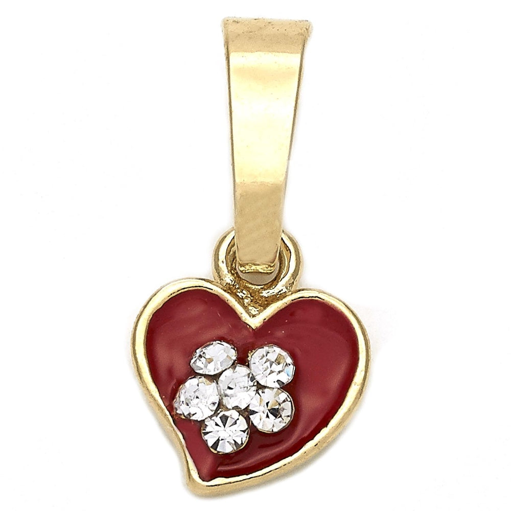 Oro Laminado Fancy Pendant, Gold Filled Style Heart and Flower Design, with White Crystal, Red Enamel Finish, Golden Finish