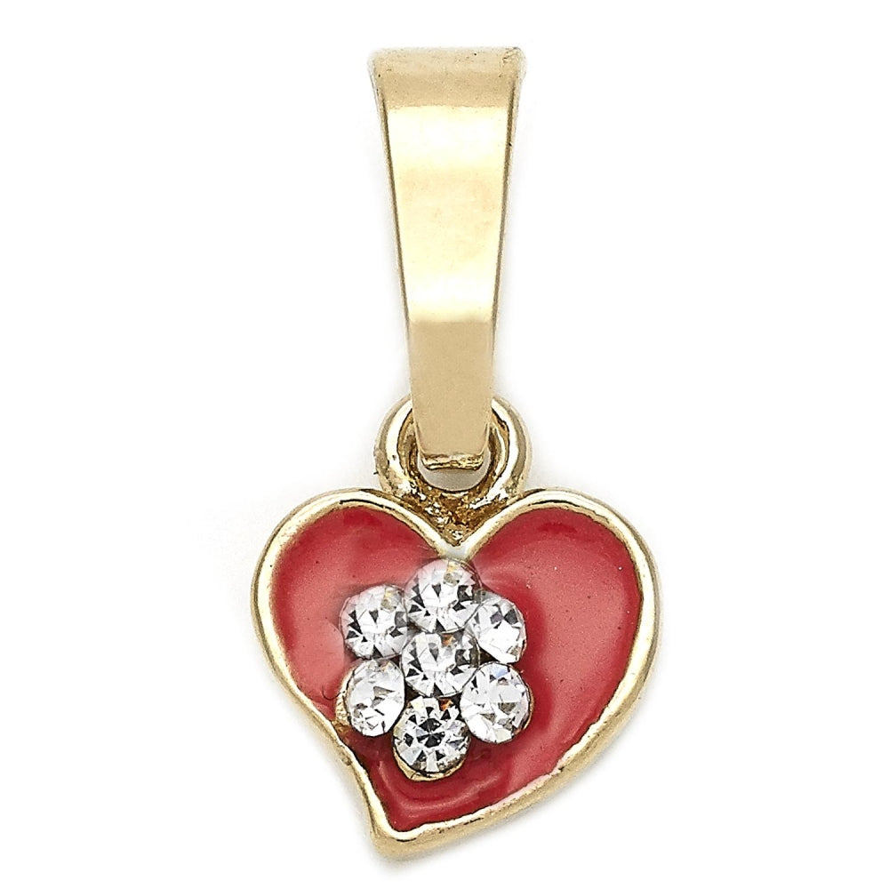 Oro Laminado Fancy Pendant, Gold Filled Style Heart and Flower Design, with White Crystal, Orange Enamel Finish, Golden Finish