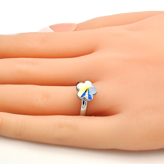 Rhodium Gold Filled Multi Stone Ring, Flower Design, with Aurore Boreale Swarovski Crystals, Polished, Rhodium Finish