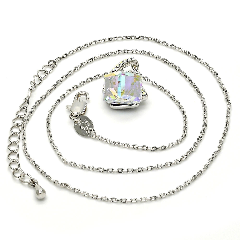 Rhodium Gold Filled Pendant Necklace, with Aurore Boreale and Aurore Boreale Swarovski Crystals, Polished, Rhodium Finish