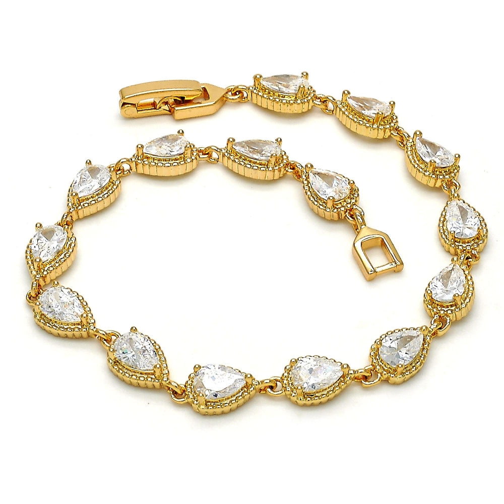 Oro Laminado Tennis Bracelet, Gold Filled Style Teardrop Design, with White Cubic Zirconia, Polished, Golden Finish