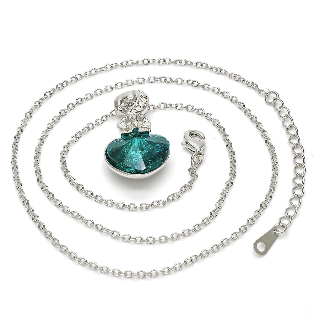 Rhodium Gold Filled Pendant Necklace, Heart Design, with Blue Zircon and Aurore Boreale Swarovski Crystals, Polished, Rhodium Finish