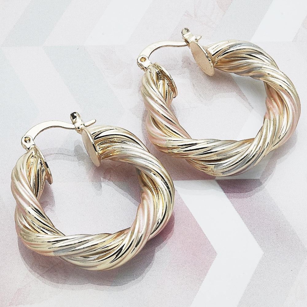 Oro Laminado Medium Hoop, Gold Filled Style Twist and Hollow Design, Polished, Tricolor