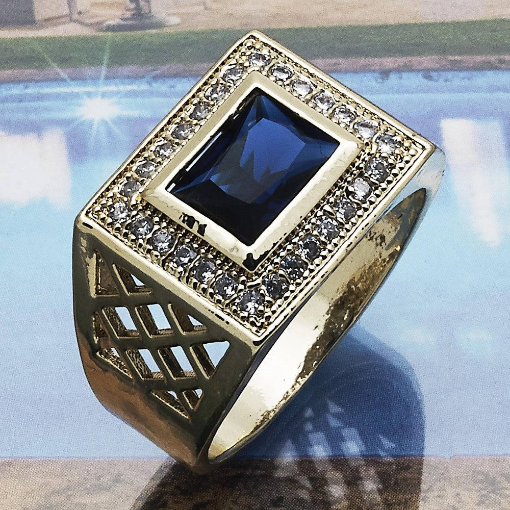 Oro Laminado Mens Ring, Gold Filled Style with Sapphire Blue Cubic Zirconia and White Micro Pave, Polished, Golden Finish
