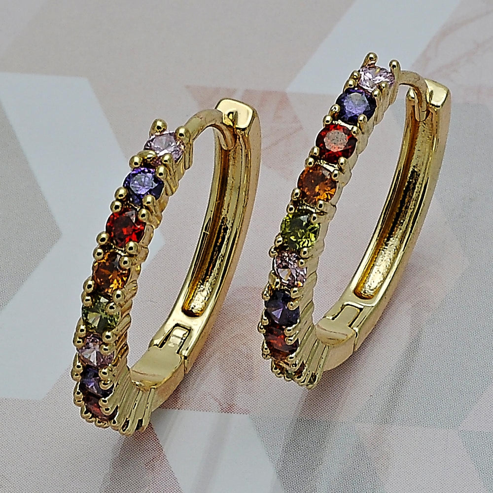 Oro Laminado Huggie Hoop, Gold Filled Style with Multicolor Cubic Zirconia, Polished, Golden Finish