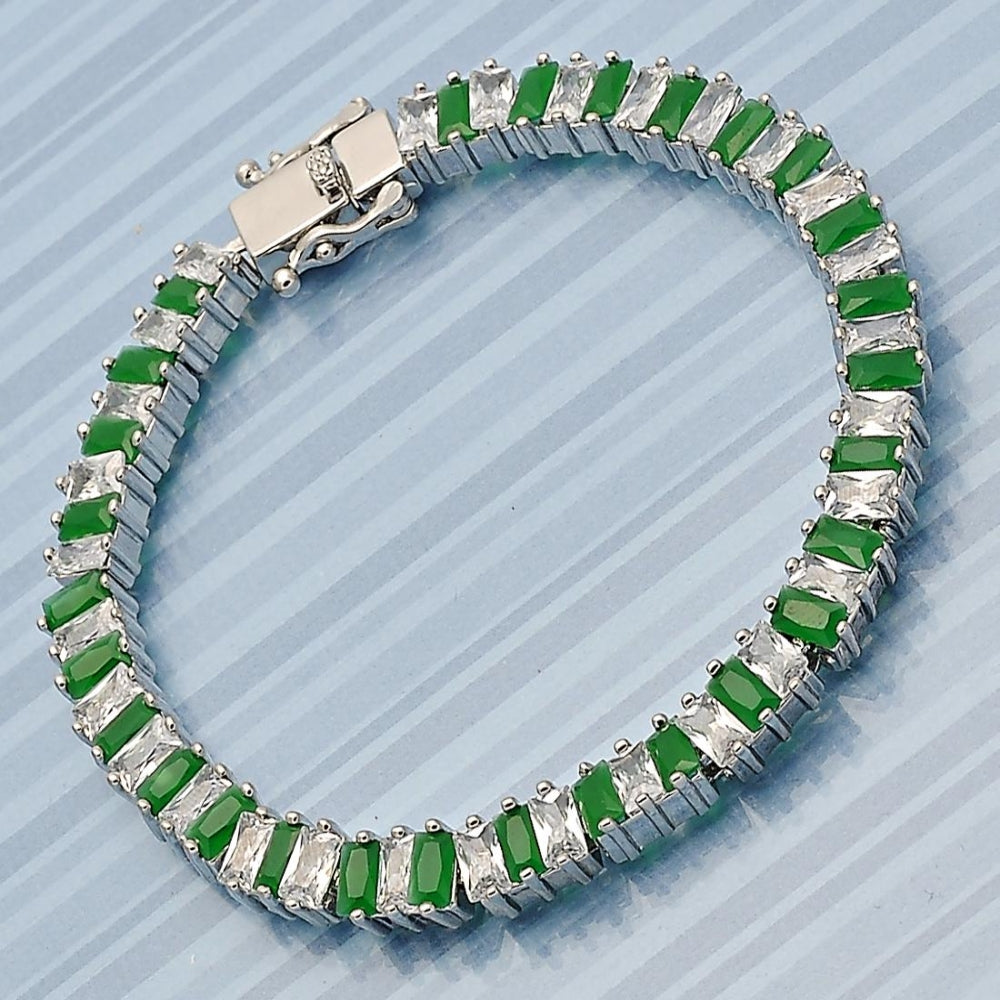 White Gold Filled Tennis Bracelet, Box Lock Design, with Green and White Cubic Zirconia, Polished, Rhodium Finish