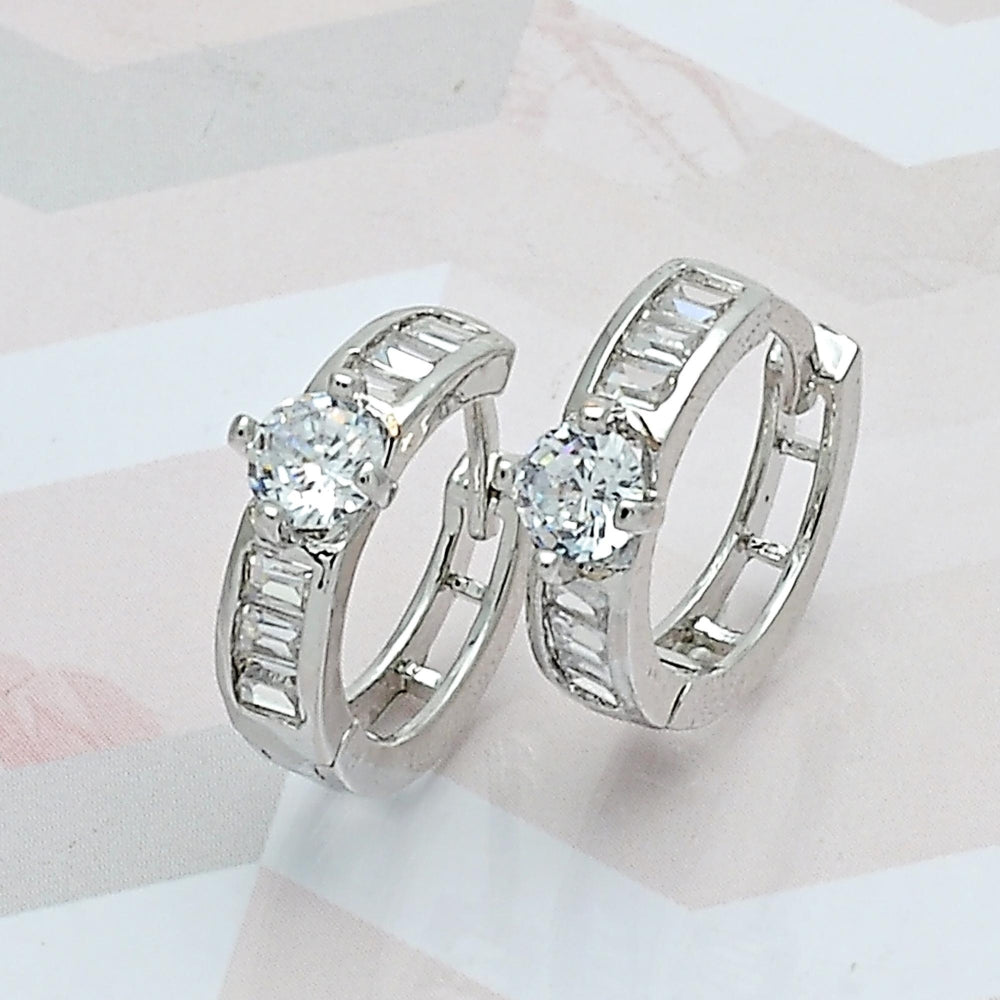 Rhodium Gold Filled Huggie Hoop, Baguette Design, with White Cubic Zirconia, Polished, Rhodium Finish