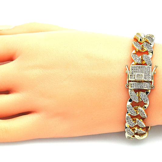 Oro Laminado Fancy Bracelet, Gold Filled Style with White Micro Pave, Polished, Golden Finish