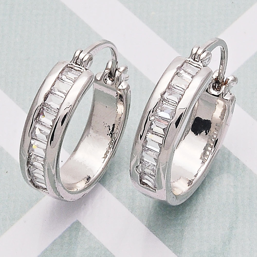 Rhodium Gold Filled Small Hoop, Baguette Design, with White Cubic Zirconia, Polished, Rhodium Finish