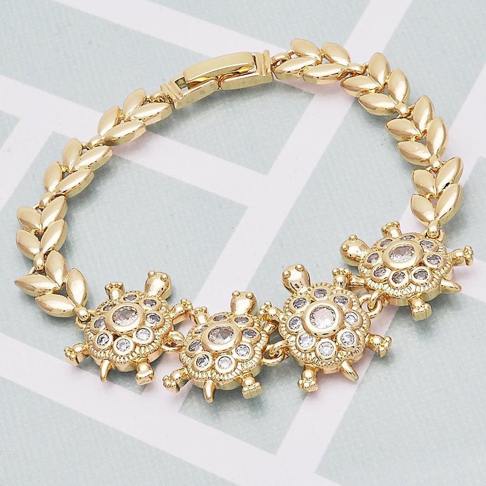 Oro Laminado Fancy Bracelet, Gold Filled Style Turtle and Leaf Design, with White Cubic Zirconia, Polished, Golden Finish