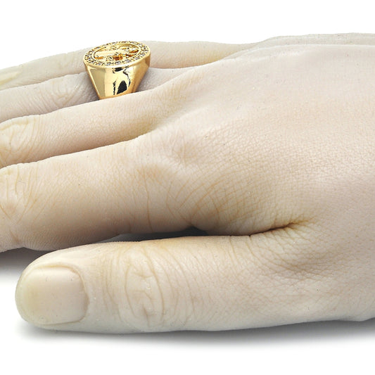 Oro Laminado Mens Ring, Gold Filled Style San Benito Design, with White Cubic Zirconia, Polished, Golden Finish