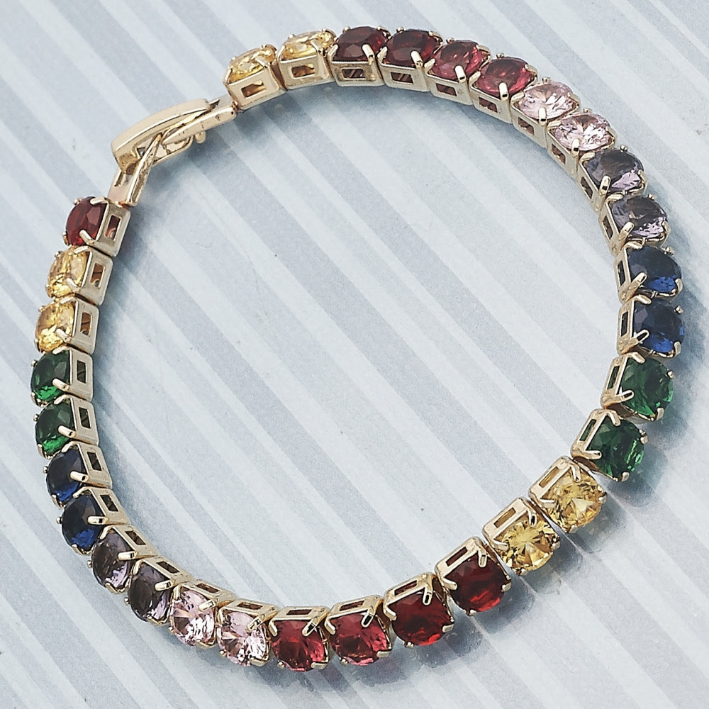 Oro Laminado Tennis Bracelet, Gold Filled Style with Multicolor Cubic Zirconia, Polished, Golden Finish