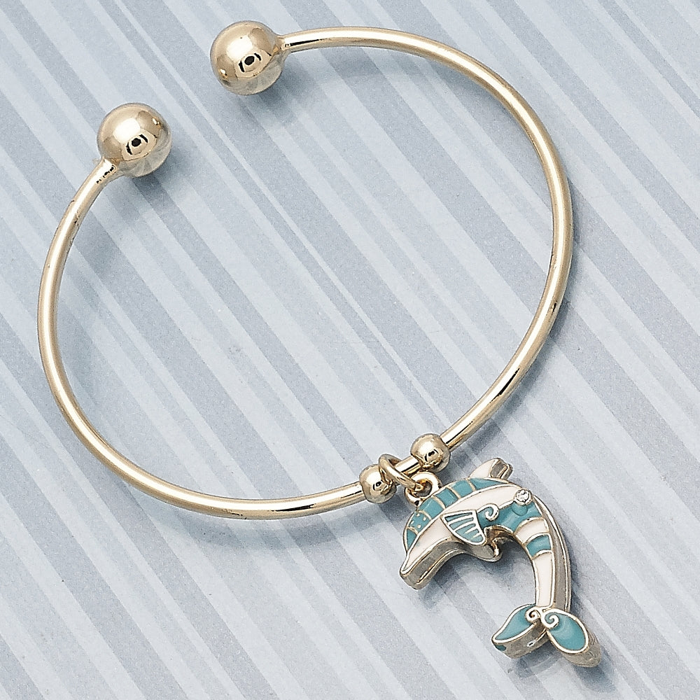 Oro Laminado Individual Bangle, Gold Filled Style Dolphin Design, with White Crystal, Turquoise Enamel Finish, Golden Finish