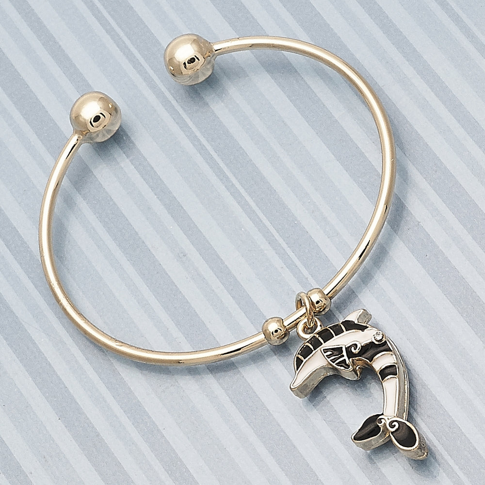 Oro Laminado Individual Bangle, Gold Filled Style Dolphin Design, with White Crystal, Black Enamel Finish, Golden Finish