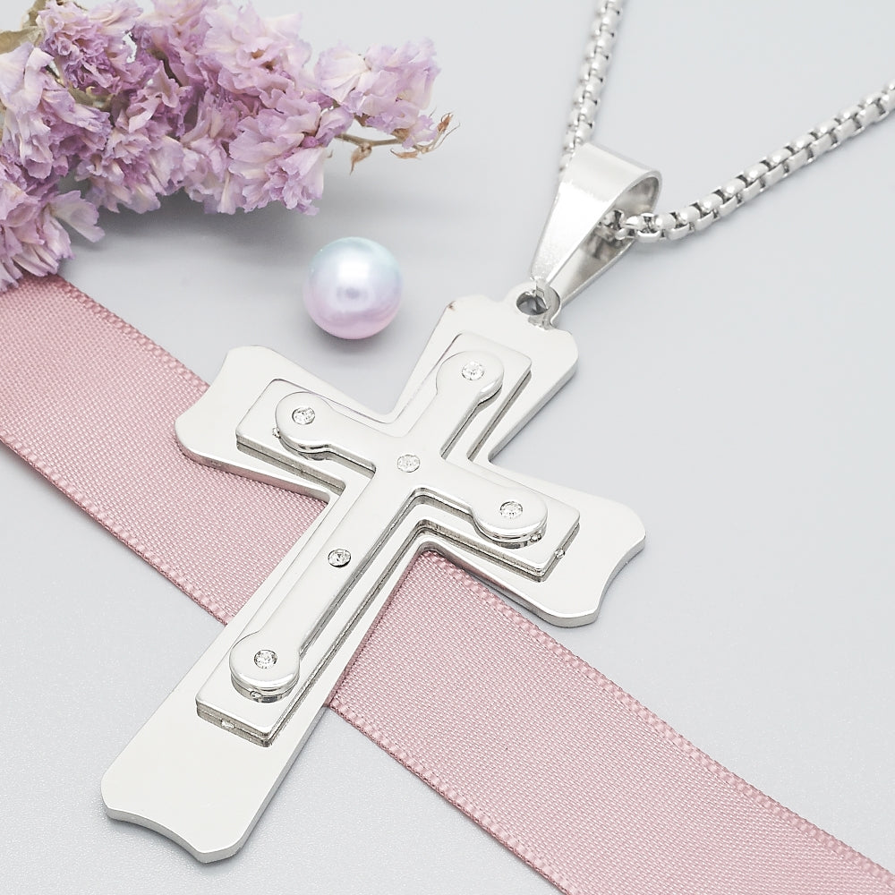 Stainless Steel Pendant Necklace, Cross Design, with White Cubic Zirconia, Polished, Steel Finish