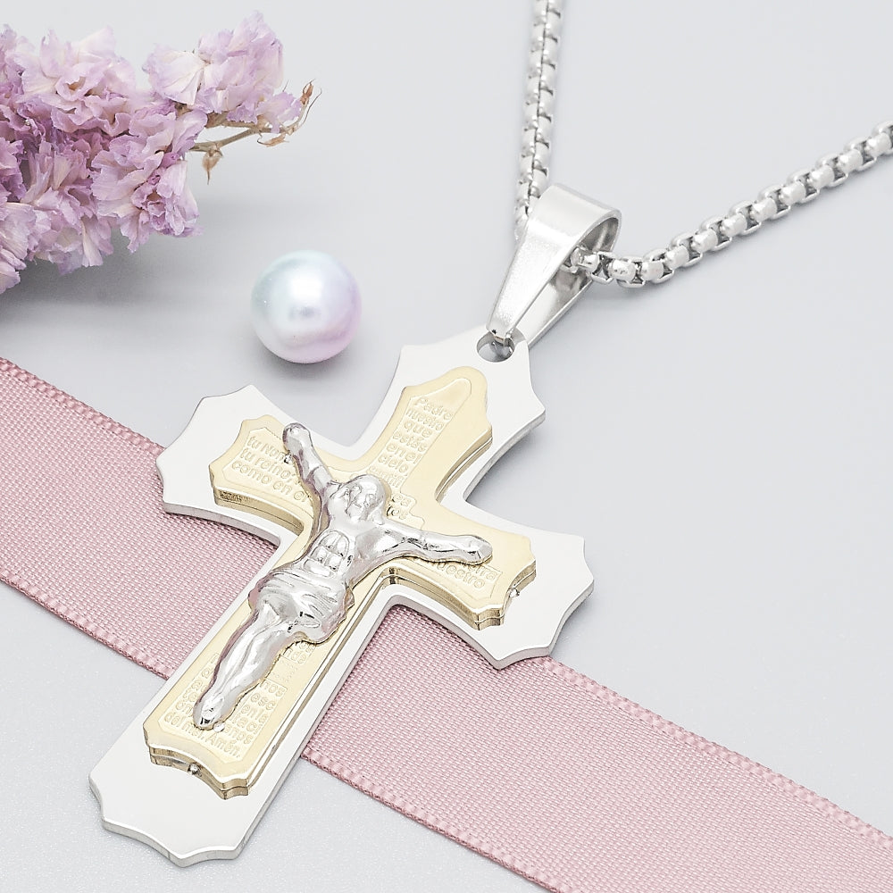 Stainless Steel Pendant Necklace, Crucifix Design, Polished, Two Tone