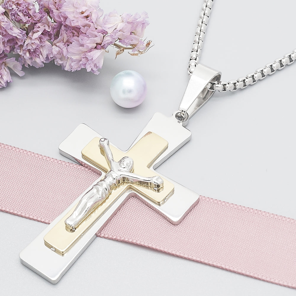 Stainless Steel Pendant Necklace, Crucifix Design, Polished, Two Tone