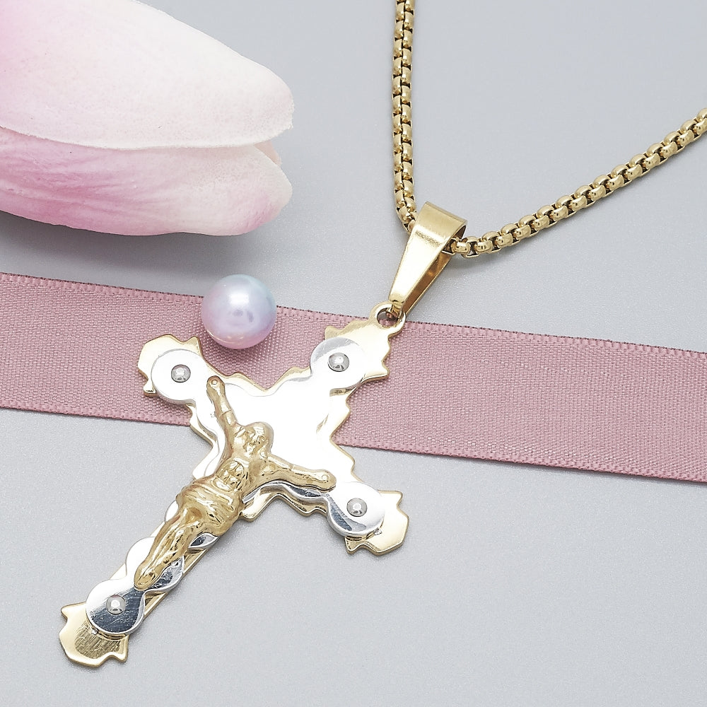 Stainless Steel Pendant Necklace, Crucifix Design, Polished, Two Tone