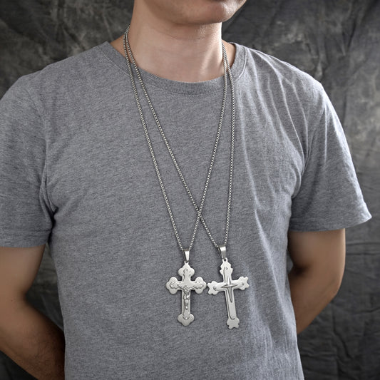 Stainless Steel Pendant Necklace, Cross Design, Polished, Steel Finish
