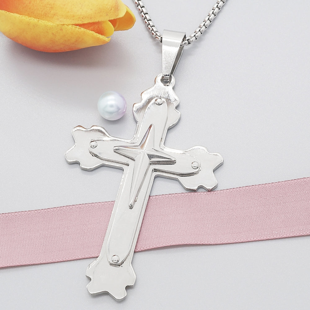 Stainless Steel Pendant Necklace, Cross Design, Polished, Steel Finish