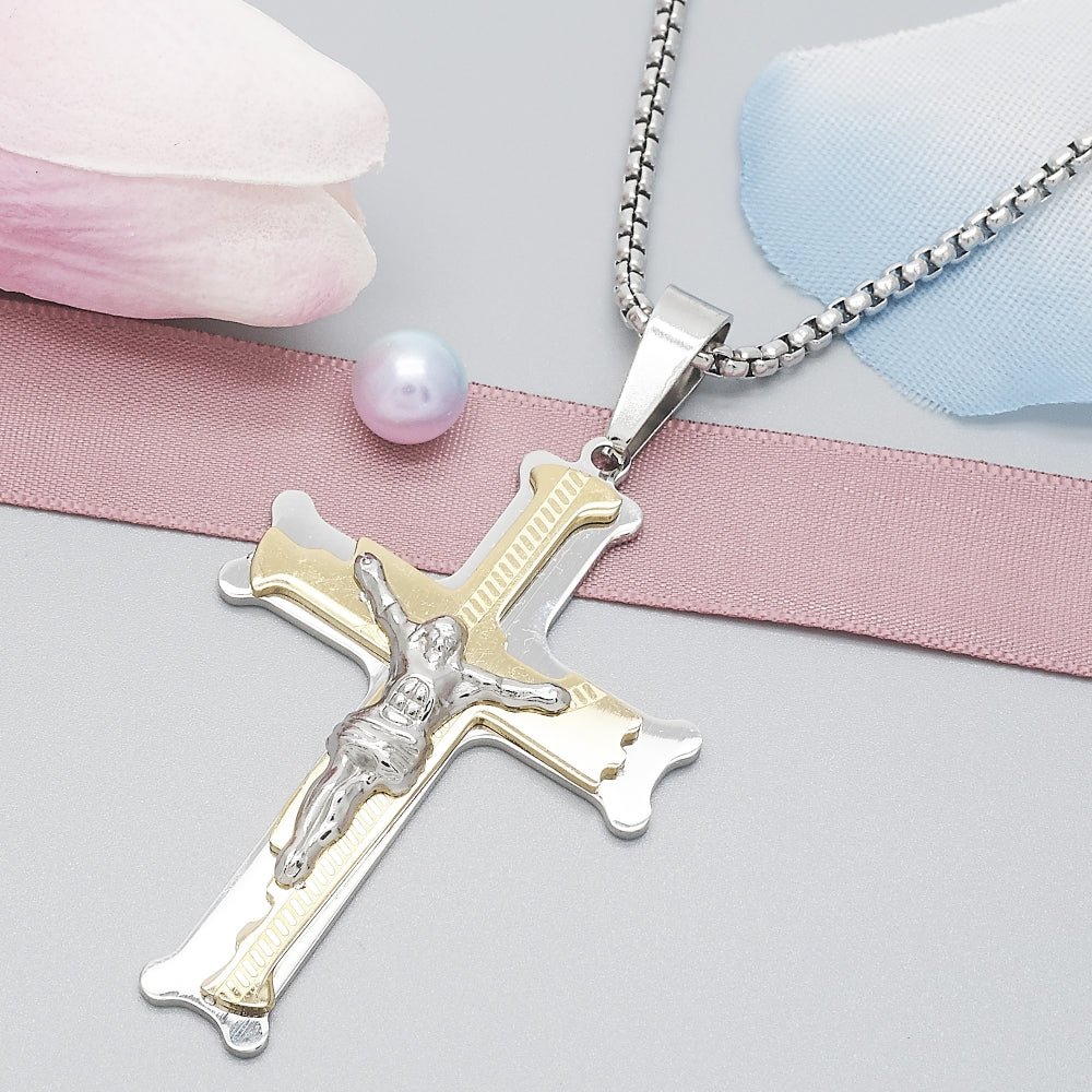 Stainless Steel Pendant Necklace, Crucifix Design, Polished, Two Tone