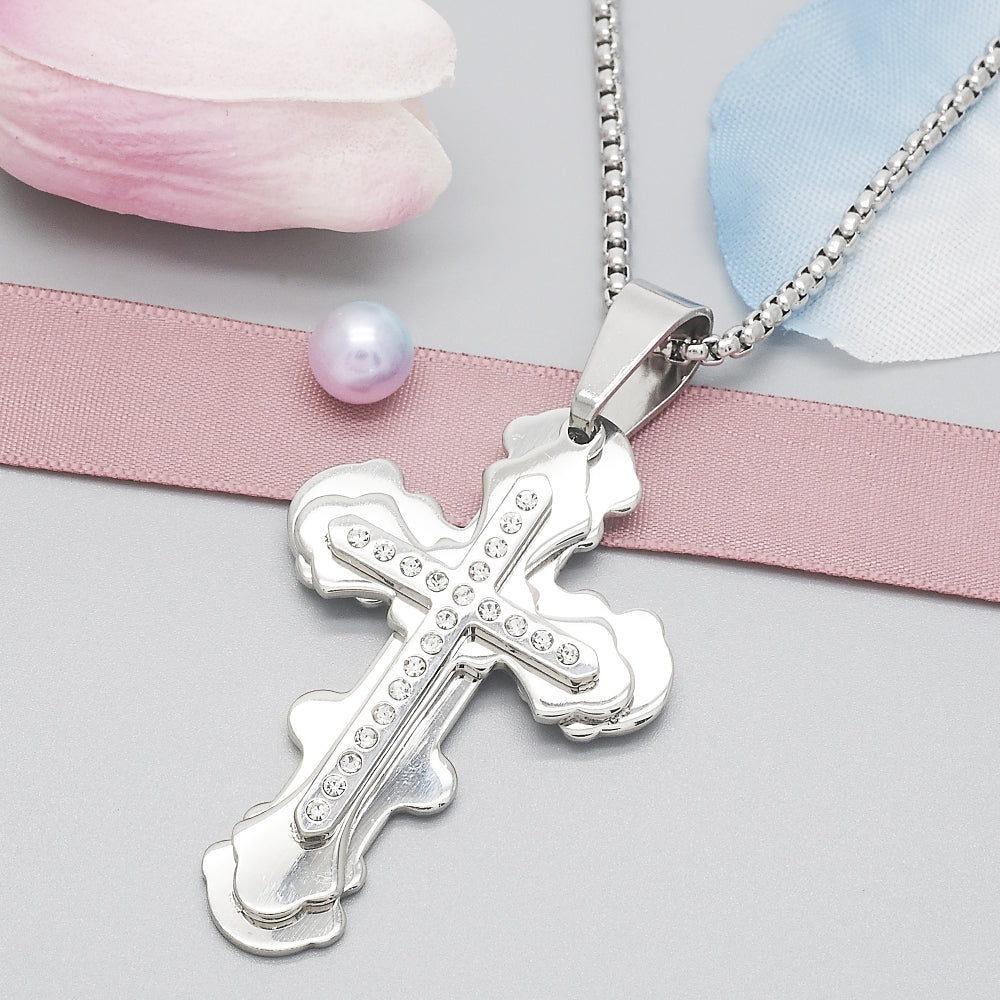 Stainless Steel Pendant Necklace, Cross Design, with White Cubic Zirconia, Polished, Steel Finish