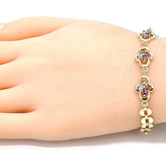 Oro Laminado Fancy Bracelet, Gold Filled Style with Multicolor Cubic Zirconia, Polished, Golden Finish