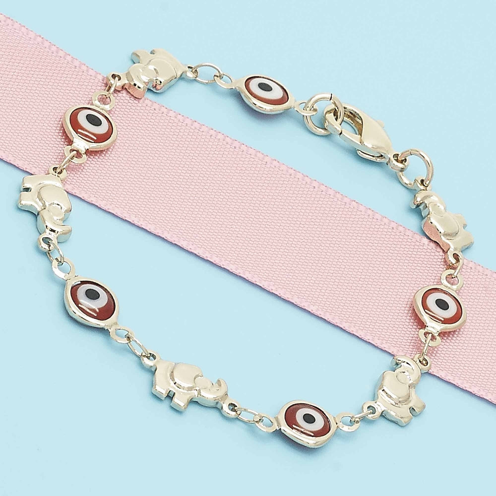 Oro Laminado Fancy Bracelet, Gold Filled Style Evil Eye and Elephant Design, Red Resin Finish, Golden Finish