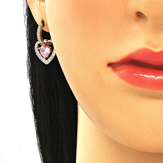 Oro Laminado Dangle Earring, Gold Filled Style Heart Design, with Pink Cubic Zirconia and Multicolor Micro Pave, Polished, Golden Finish