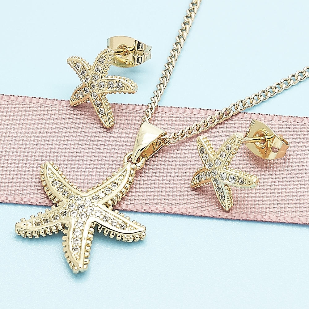 Oro Laminado Earring and Pendant Adult Set, Gold Filled Style Star Design, with White Micro Pave, Polished, Golden Finish
