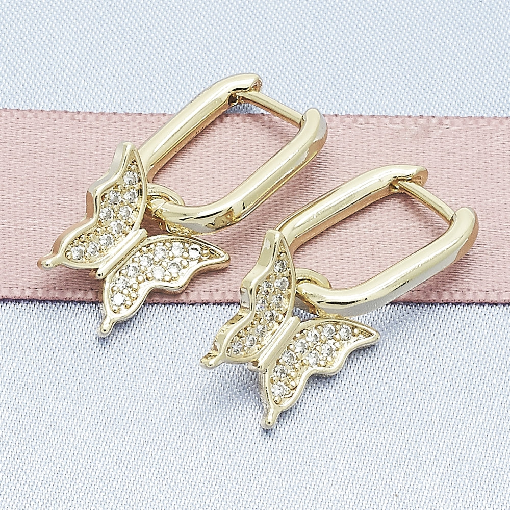 Oro Laminado Dangle Earring, Gold Filled Style Butterfly Design, with White Micro Pave, Polished, Golden Finish