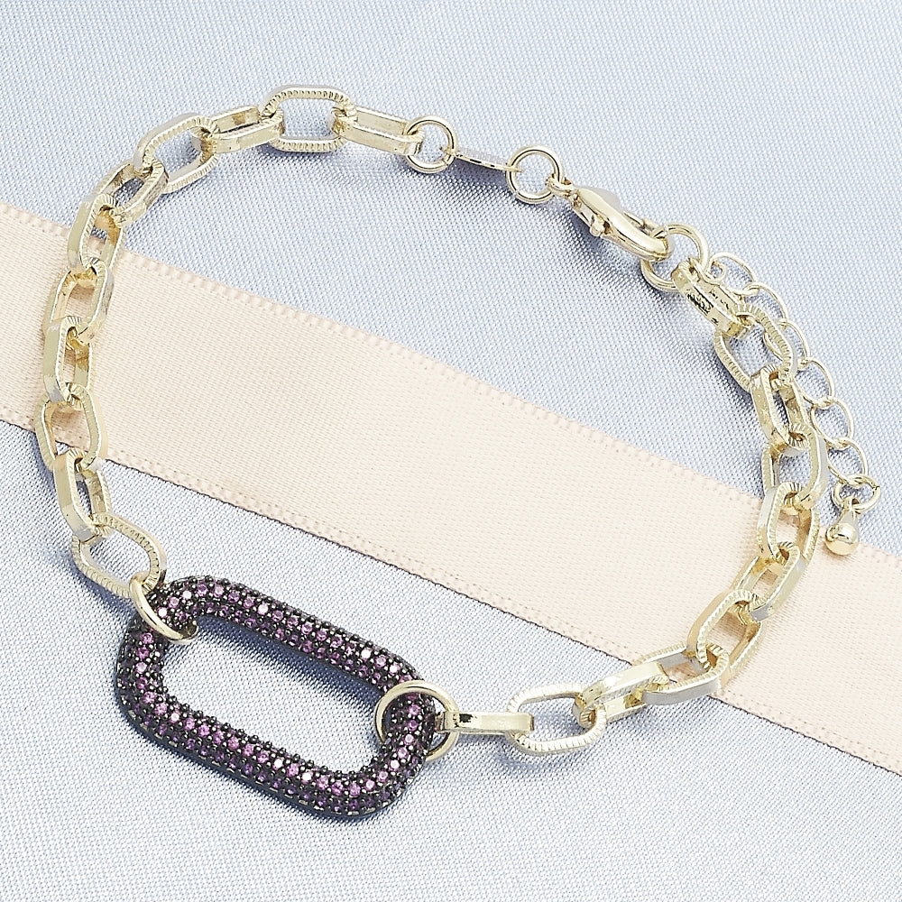 Oro Laminado Fancy Bracelet, Gold Filled Style Paperclip Design, with Ruby Micro Pave, Polished, Black Rhodium Finish